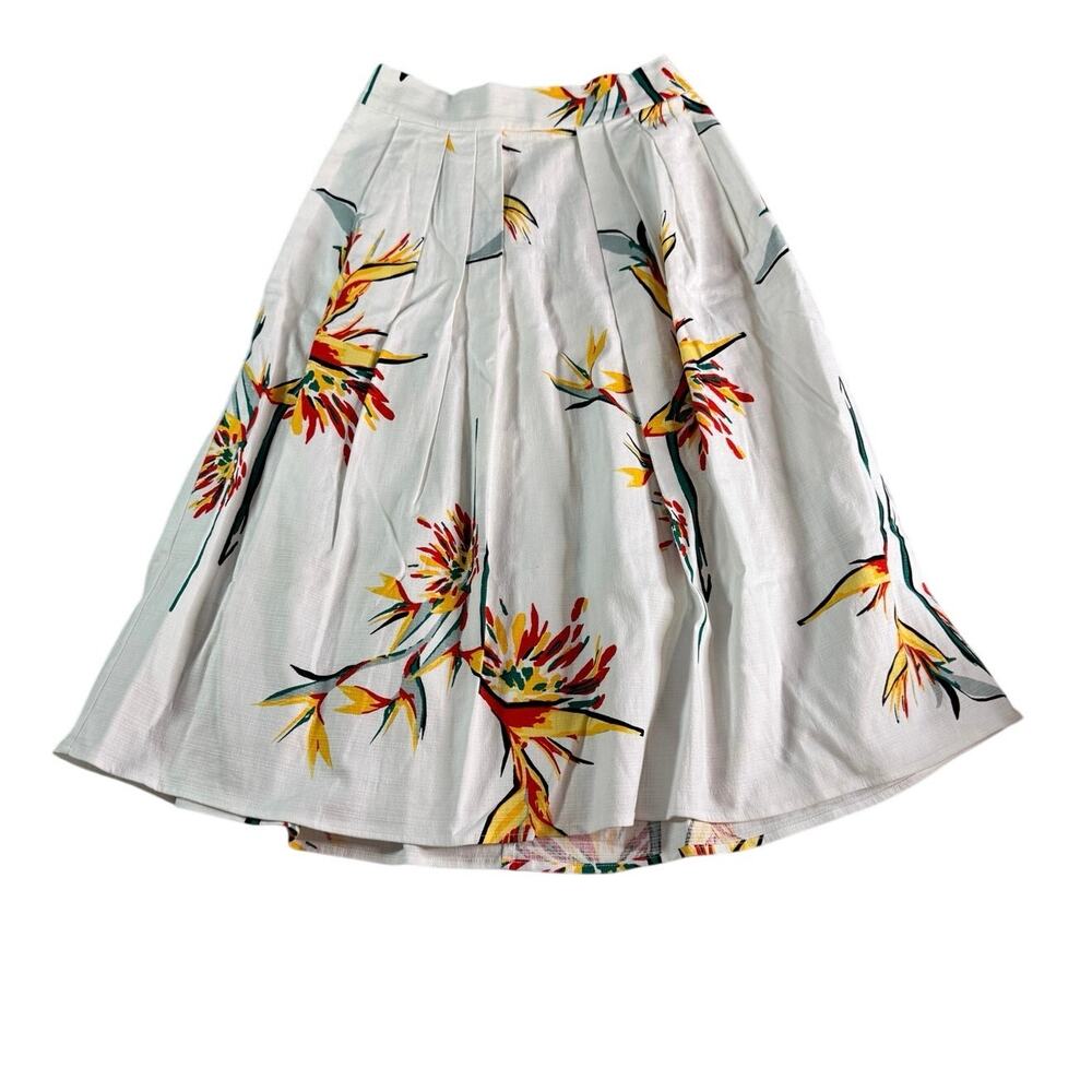 Eva Mendes White Tropical Print Pleated Midi Skirt Size 2 Pockets Summer